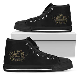 Black and Gold "Open Road Girl" Women's High Top Sneakers - Painteye