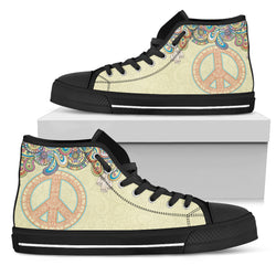 Peace Sign Black Sole Women's High Top Sneakers - Painteye