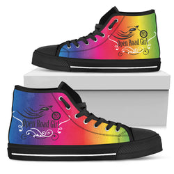RAINBOW Swirl Black Soles Open Road Girl Women's High Top - Painteye
