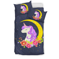 Dark Blue Starry Night Crescent Moon Unicorn Bedding Set - Painteye